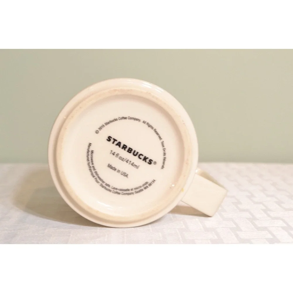 2015 Starbucks 14oz Ivory Ceramic Mug, Black Siren logo, Square Handle, USA
